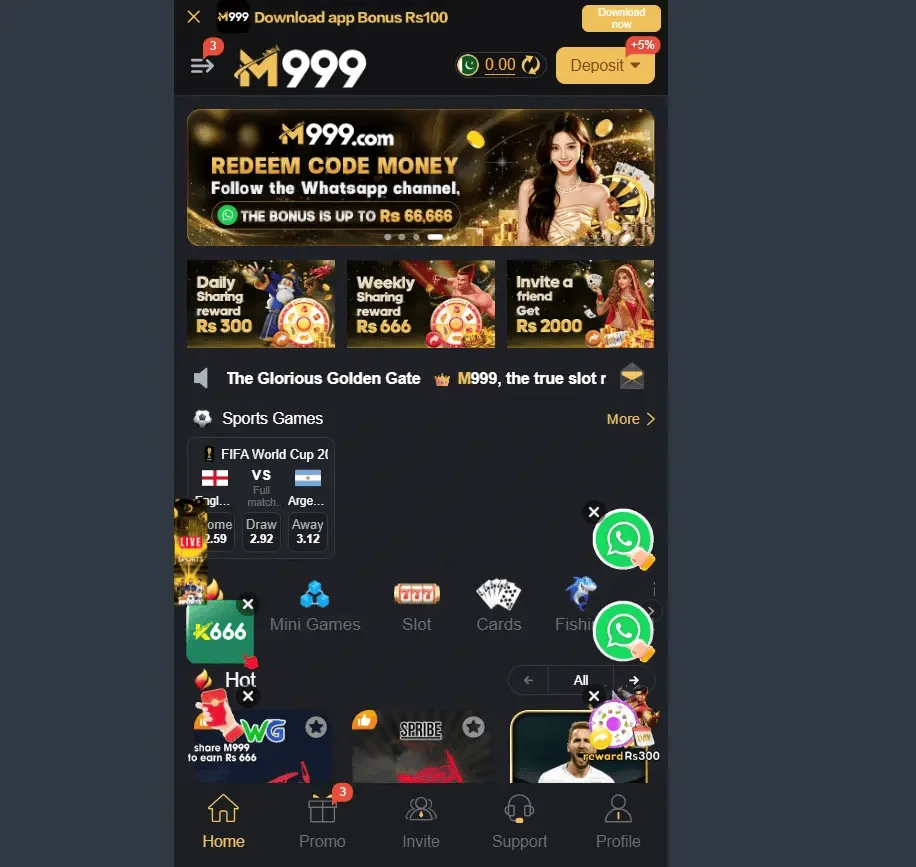M999 Game Android App Home Screen Interface displaying daily sharing rewards, deposit options, and game categories