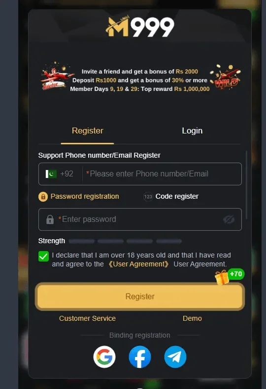 M999 game login and forget password registration interface